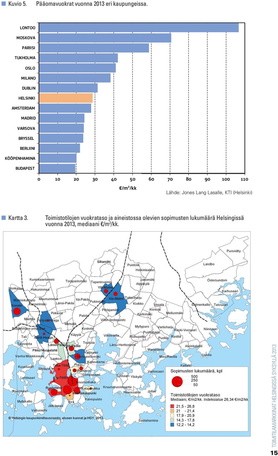 (Helsinki) n Kartta 3. Toimistotilojen vuokrataso ja aineistossa olevien sopimusten lukumäärä Helsingissä vuonna 2013, mediaani /m 2 /kk.