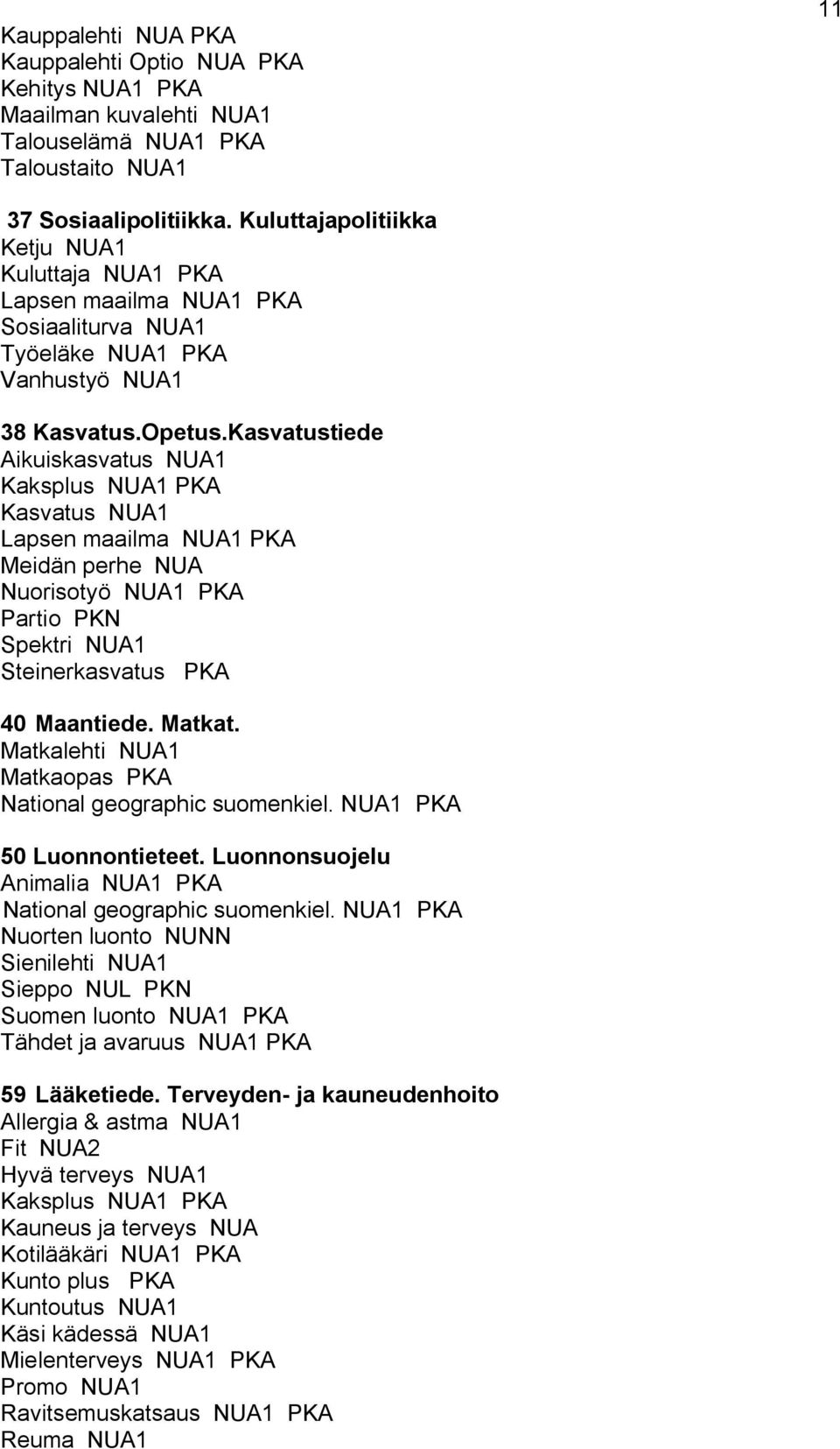 Kasvatustiede Aikuiskasvatus 1 Kaksplus 1 Kasvatus 1 Lapsen maailma 1 Meidän perhe Nuorisotyö 1 Partio PKN Spektri 1 Steinerkasvatus 40 Maantiede. Matkat.