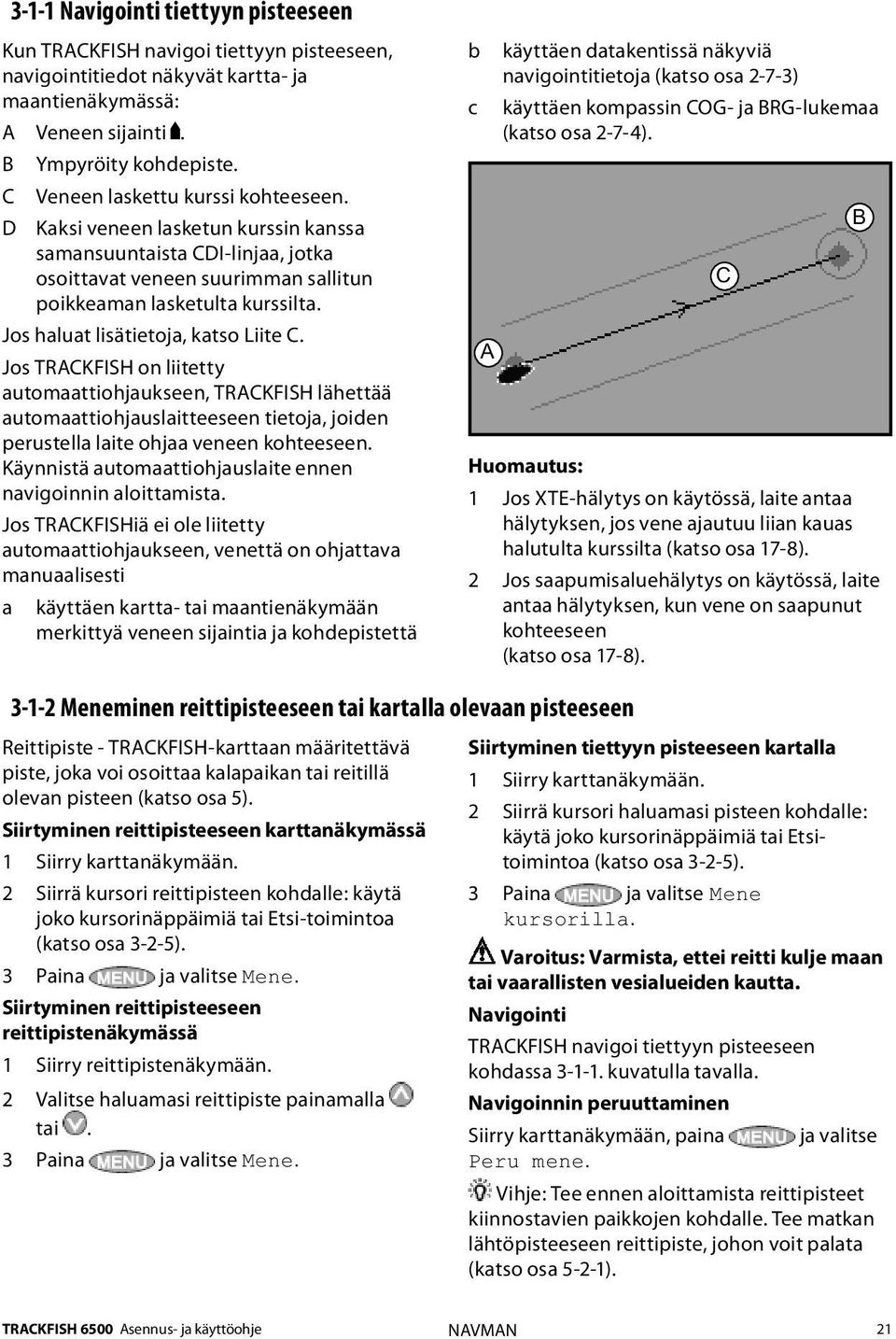 Jos haluat lisätietoja, katso Liite C. Jos TRACKFISH on liitetty automaattiohjaukseen, TRACKFISH lähettää automaattiohjauslaitteeseen tietoja, joiden perustella laite ohjaa veneen kohteeseen.