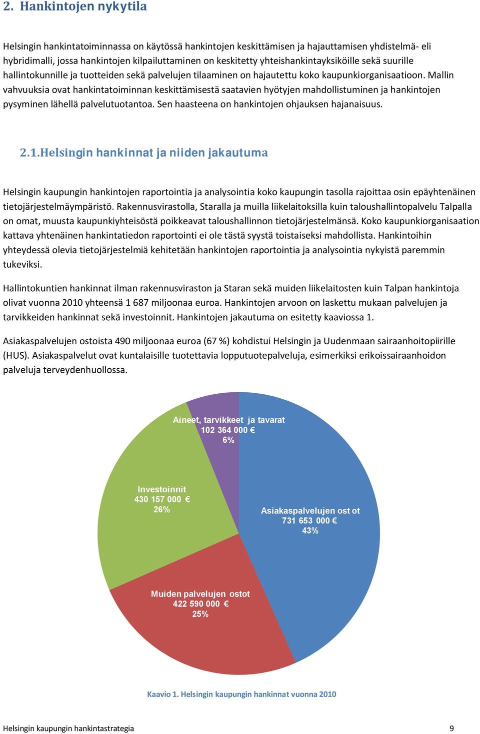 Mallin vahvuuksia ovat hankintatoiminnan keskittämisestä saatavien hyötyjen mahdollistuminen ja hankintojen pysyminen lähellä palvelutuotantoa. Sen haasteena on hankintojen ohjauksen hajanaisuus. 2.1.