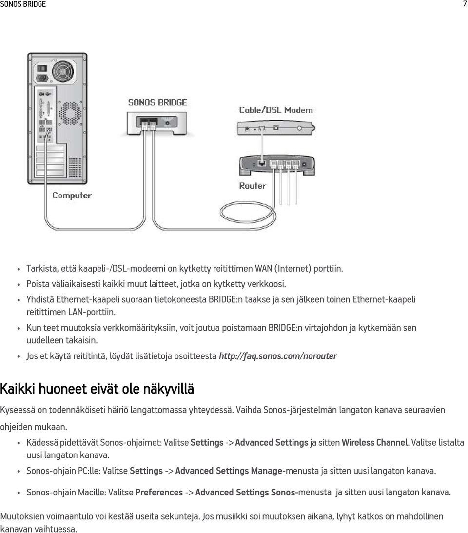 Kun teet muutoksia verkkomäärityksiin, voit joutua poistamaan BRIDGE:n virtajohdon ja kytkemään sen uudelleen takaisin. Jos et käytä reititintä, löydät lisätietoja osoitteesta http://faq.sonos.