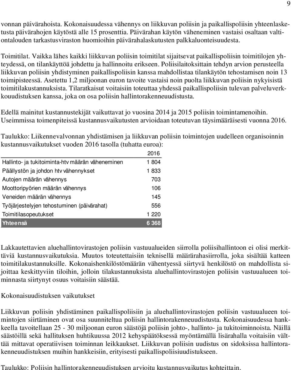 Vaikka lähes kaikki liikkuvan poliisin toimitilat sijaitsevat paikallispoliisin toimitilojen yhteydessä, on tilankäyttöä johdettu ja hallinnoitu erikseen.