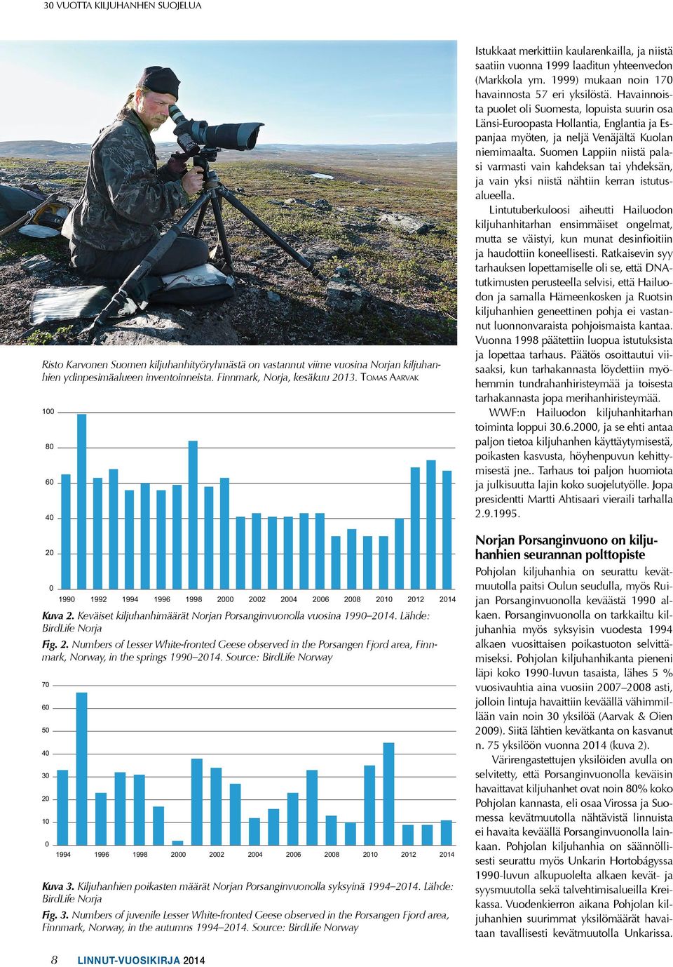 Lähde: BirdLife Norja Fig. 2. Numbers of Lesser White-fronted Geese observed in the Porsangen Fjord area, Finnmark, Norway, in the springs 1990 2014.