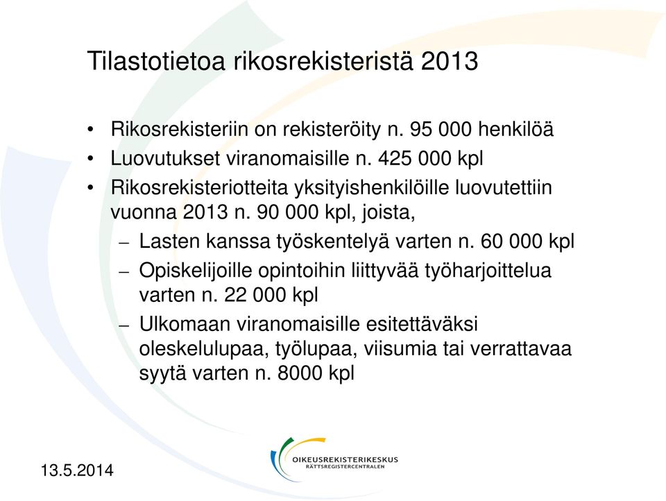 425 000 kpl Rikosrekisteriotteita yksityishenkilöille luovutettiin vuonna 2013 n.