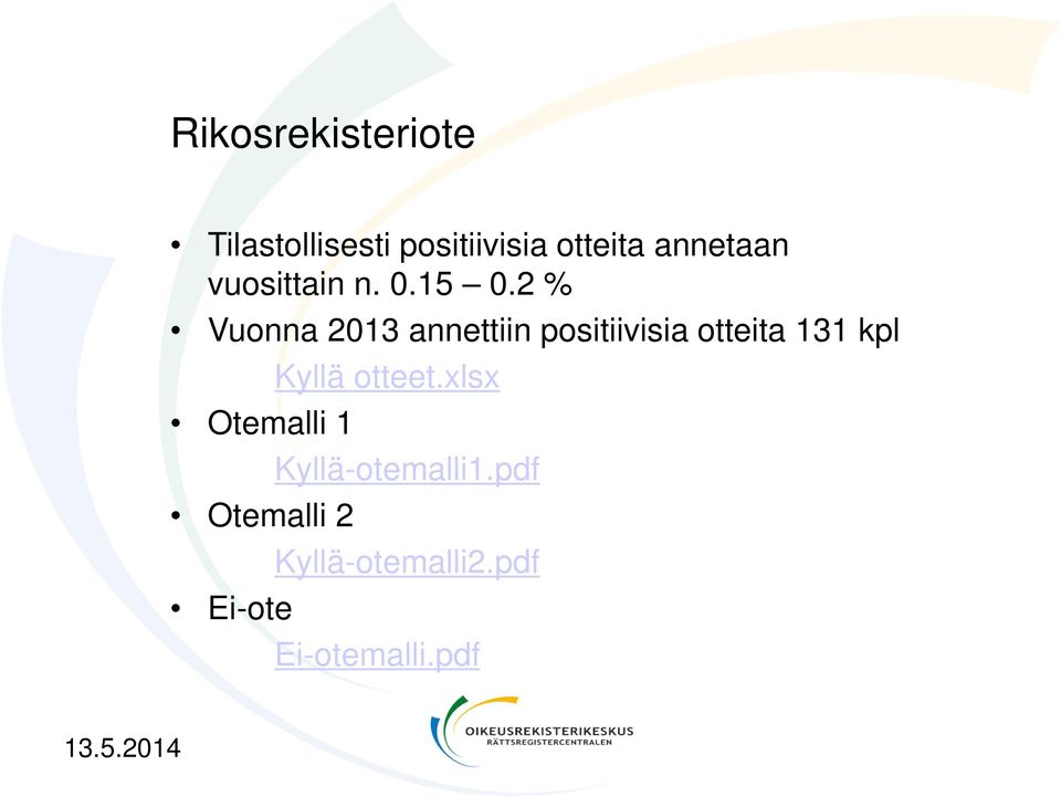 2 % Vuonna 2013 annettiin positiivisia otteita 131 kpl Kyllä