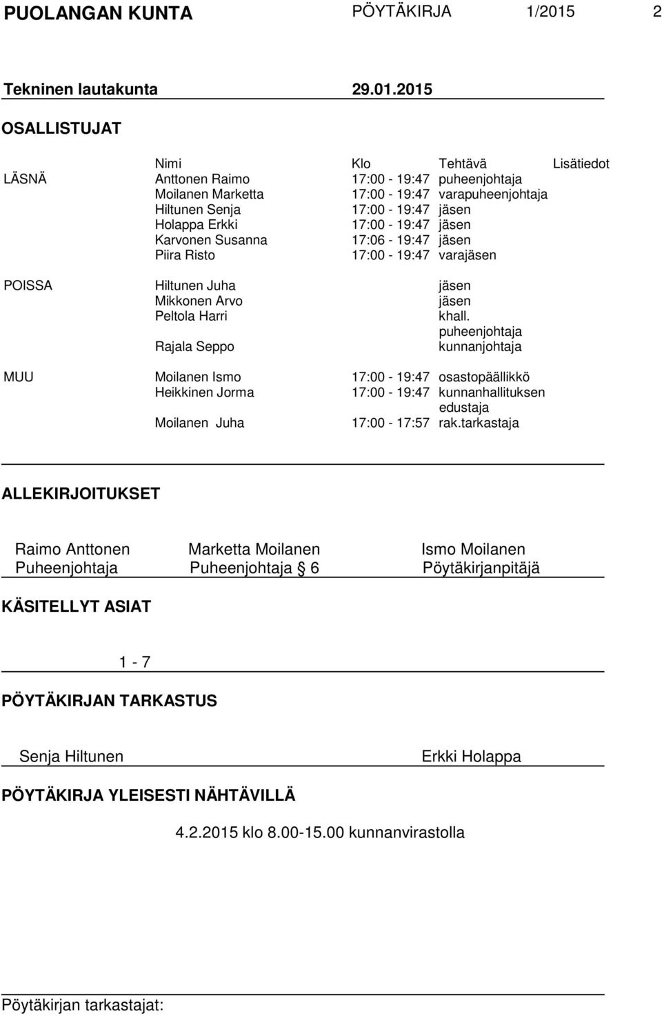 2015 OSALLISTUJAT Nimi Klo Tehtävä Lisätiedot LÄSNÄ Anttonen Raimo 17:00-19:47 puheenjohtaja Moilanen Marketta 17:00-19:47 varapuheenjohtaja Hiltunen Senja 17:00-19:47 jäsen Holappa Erkki 17:00-19:47