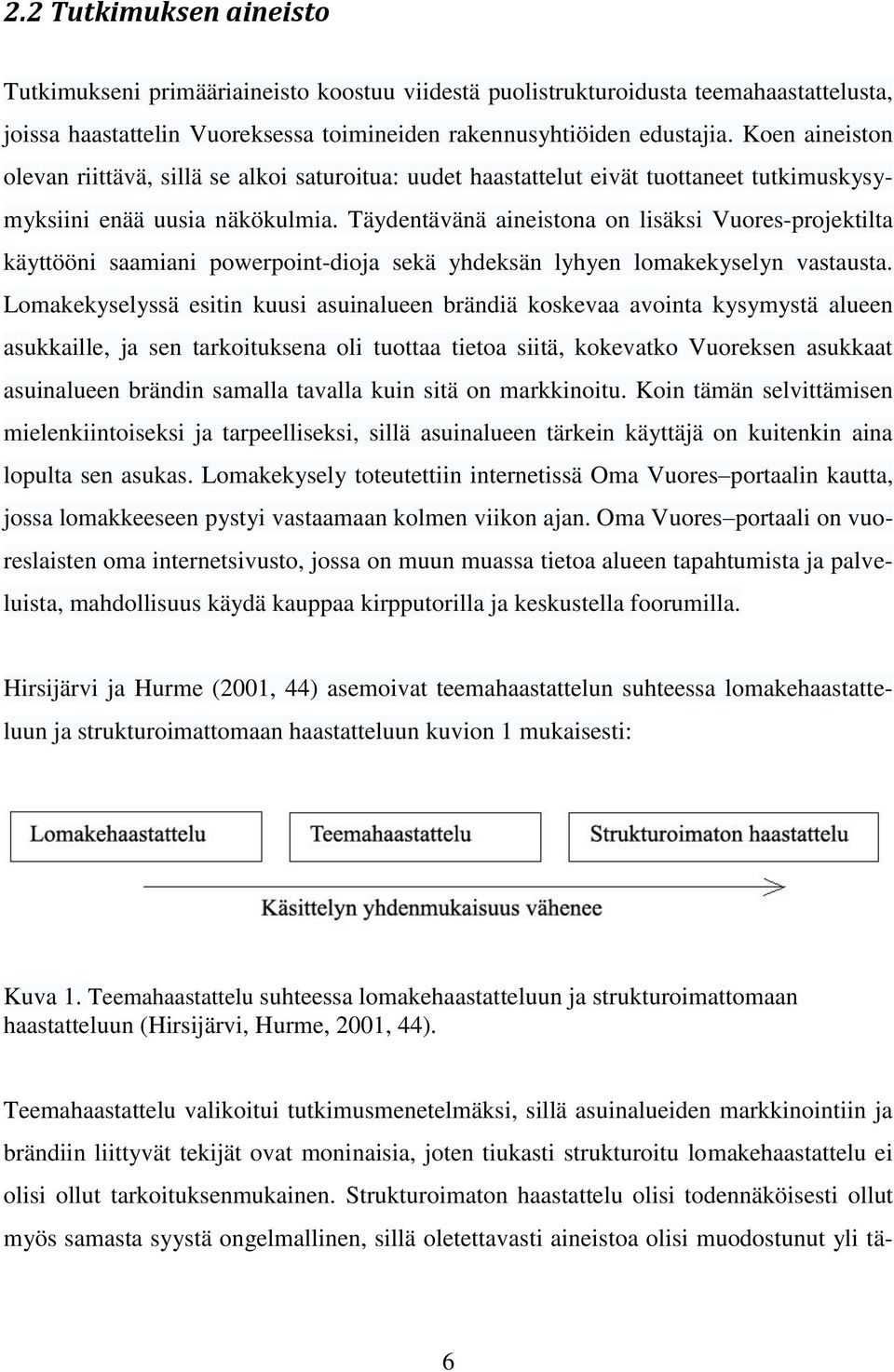 Täydentävänä aineistona on lisäksi Vuores-projektilta käyttööni saamiani powerpoint-dioja sekä yhdeksän lyhyen lomakekyselyn vastausta.