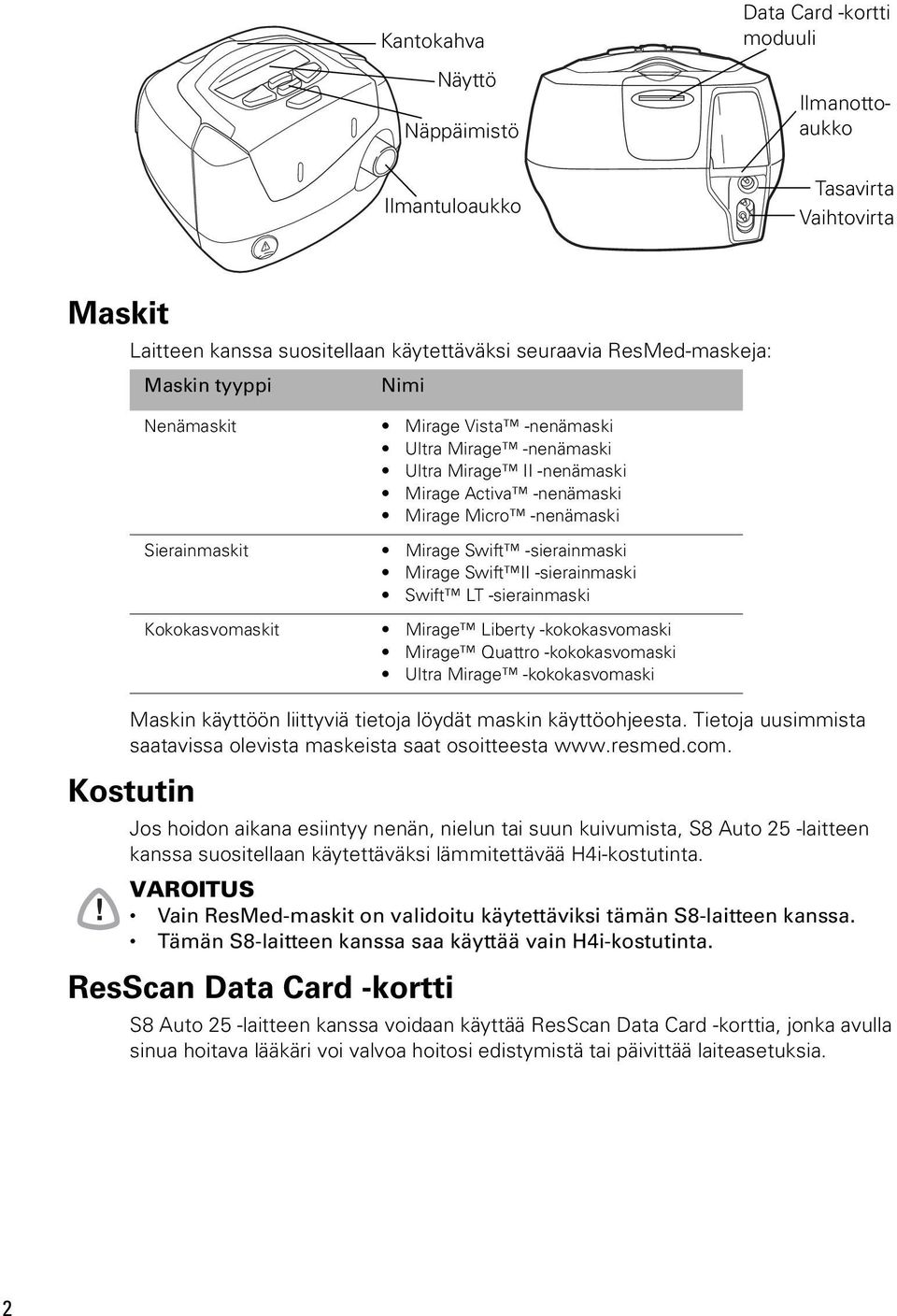 Nenämaskit Mirage Vista -nenämaski Ultra Mirage -nenämaski Ultra Mirage II -nenämaski Mirage Activa -nenämaski Mirage Micro -nenämaski Sierainmaskit Mirage Swift -sierainmaski Mirage Swift II