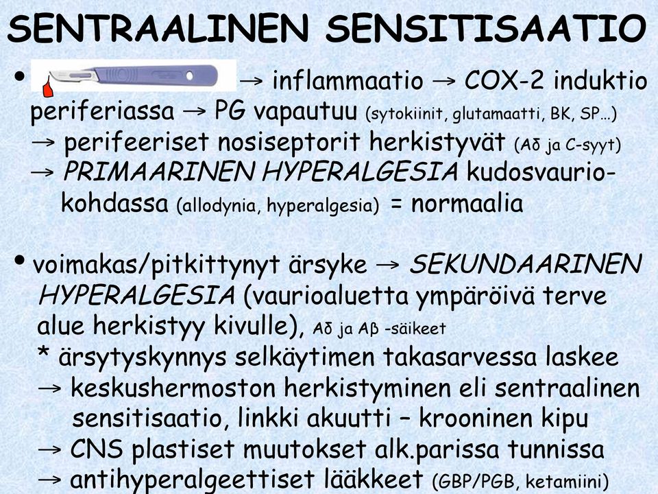 parissa tunnissa antihyperalgeettiset lääkkeet (GBP/PGB, ketamiini) SENTRAALINEN SENSITISAATIO i inflammaatio COX-2 induktio periferiassa PG vapautuu