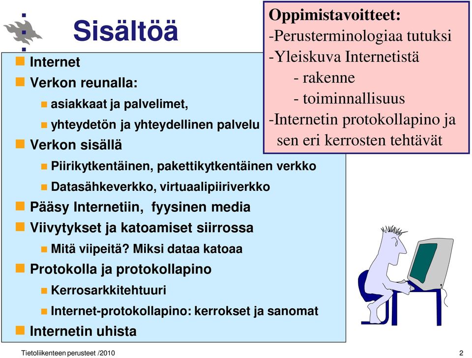 Miksi dataa katoaa Protokolla ja protokollapino Kerrosarkkitehtuuri Internet-protokollapino: kerrokset ja sanomat Internetin uhista Oppimistavoitteet: