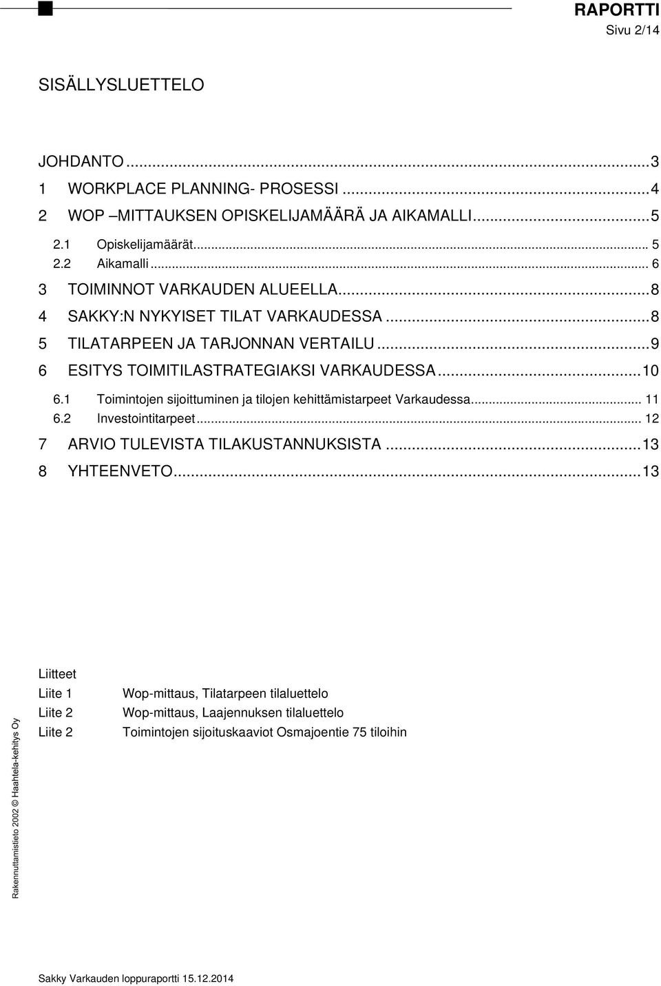 .. 10 6.1 6.2 Toimintojen sijoittuminen ja tilojen kehittämistarpeet Varkaudessa... 11 Investointitarpeet... 12 7 ARVIO TULEVISTA TILAKUSTANNUKSISTA... 13 8 YHTEENVETO.