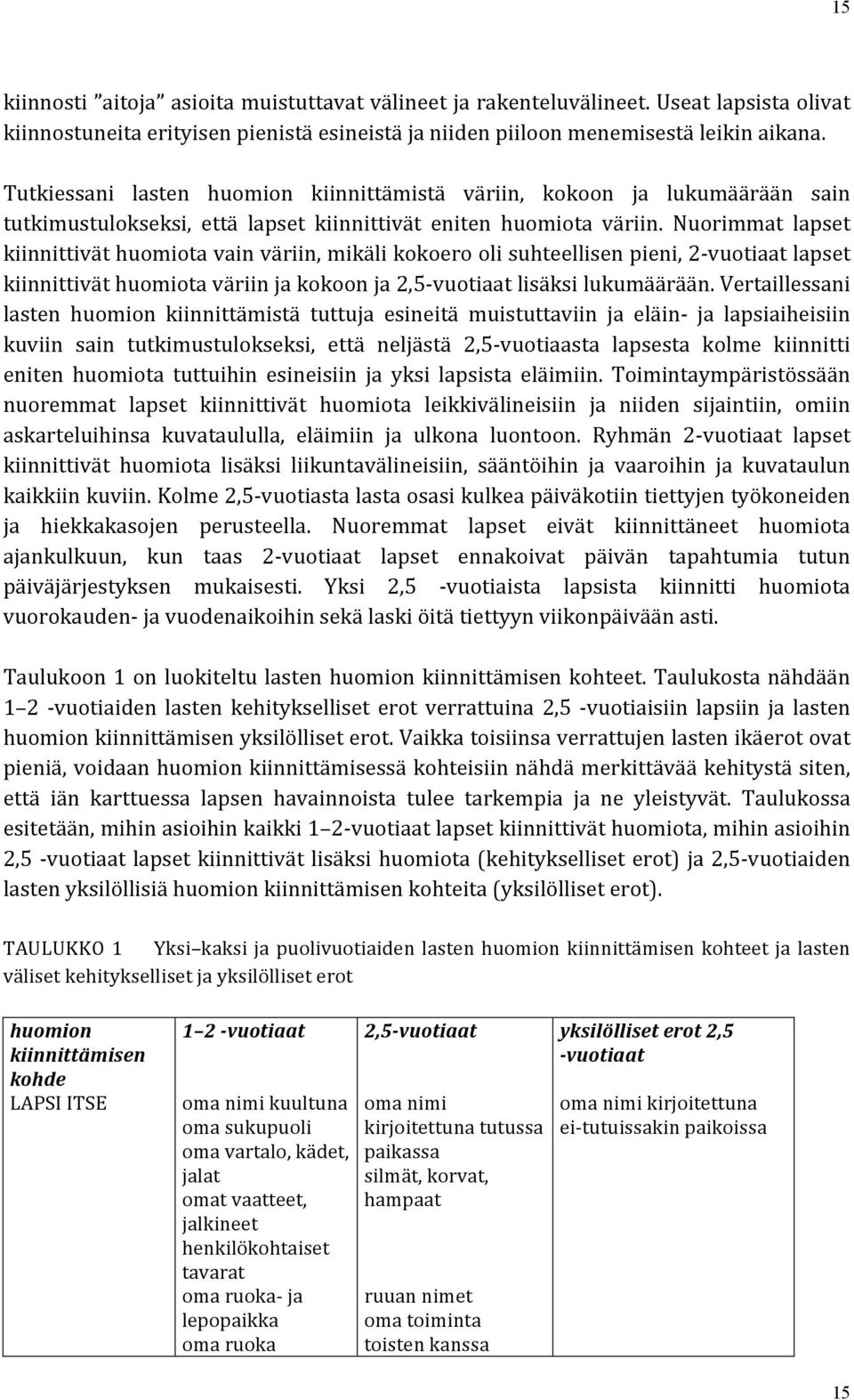 Nuorimmat lapset kiinnittivät huomiota vain väriin, mikäli kokoero oli suhteellisen pieni, 2- vuotiaat lapset kiinnittivät huomiota väriin ja kokoon ja 2,5- vuotiaat lisäksi lukumäärään.