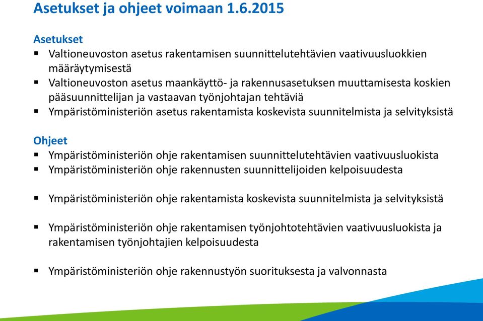 pääsuunnittelijan ja vastaavan työnjohtajan tehtäviä Ympäristöministeriön asetus rakentamista koskevista suunnitelmista ja selvityksistä Ohjeet Ympäristöministeriön ohje rakentamisen