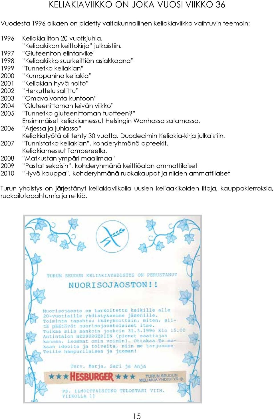 Gluteenittoman leivän viikko 2005 Tunnetko gluteenittoman tuotteen? Ensimmäiset keliakiamessut Helsingin Wanhassa satamassa. 2006 Arjessa ja juhlassa Keliakiatyötä oli tehty 30 vuotta.