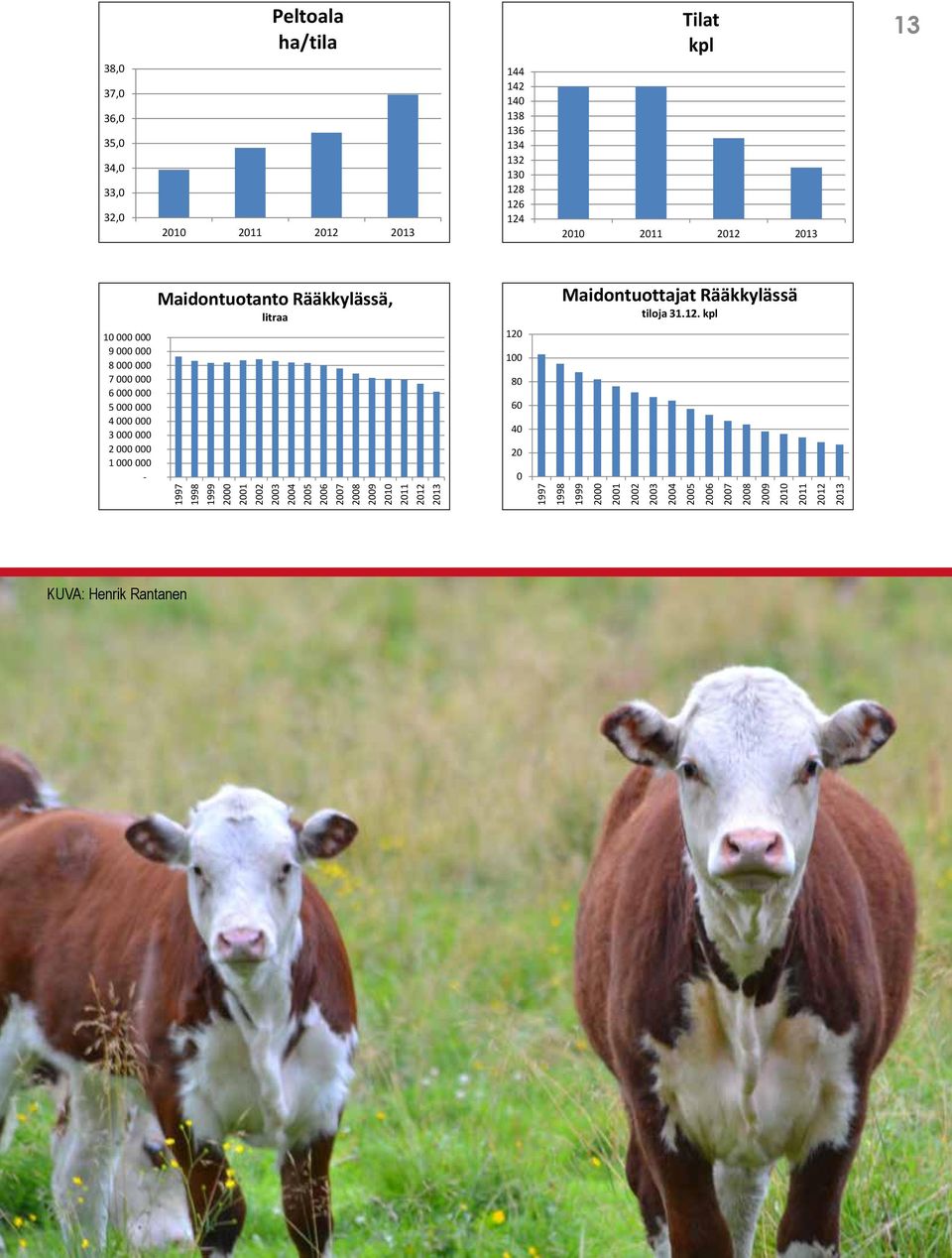 Maidontuotanto Rääkkylässä, litraa 1997 1998 1999 2000 2001 2002 2003 2004 2005 2006 2007 2008 2009 2010 2011 2012 2013 120 100 80 60 40 20 0