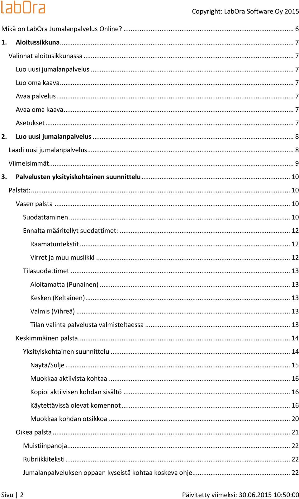 .. 10 Ennalta määritellyt suodattimet:... 12 Raamatuntekstit... 12 Virret ja muu musiikki... 12 Tilasuodattimet... 13 Aloitamatta (Punainen)... 13 Kesken (Keltainen)... 13 Valmis (Vihreä).