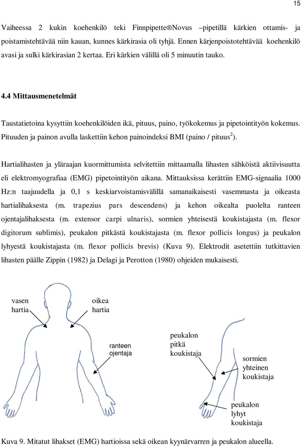 4 Mittausmenetelmät Taustatietoina kysyttiin koehenkilöiden ikä, pituus, paino, työkokemus ja pipetointityön kokemus. Pituuden ja painon avulla laskettiin kehon painoindeksi BMI (paino / pituus 2 ).