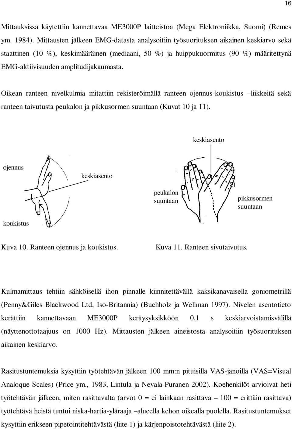 amplitudijakaumasta. Oikean ranteen nivelkulmia mitattiin rekisteröimällä ranteen ojennus-koukistus liikkeitä sekä ranteen taivutusta peukalon ja pikkusormen suuntaan (Kuvat 10 ja 11).