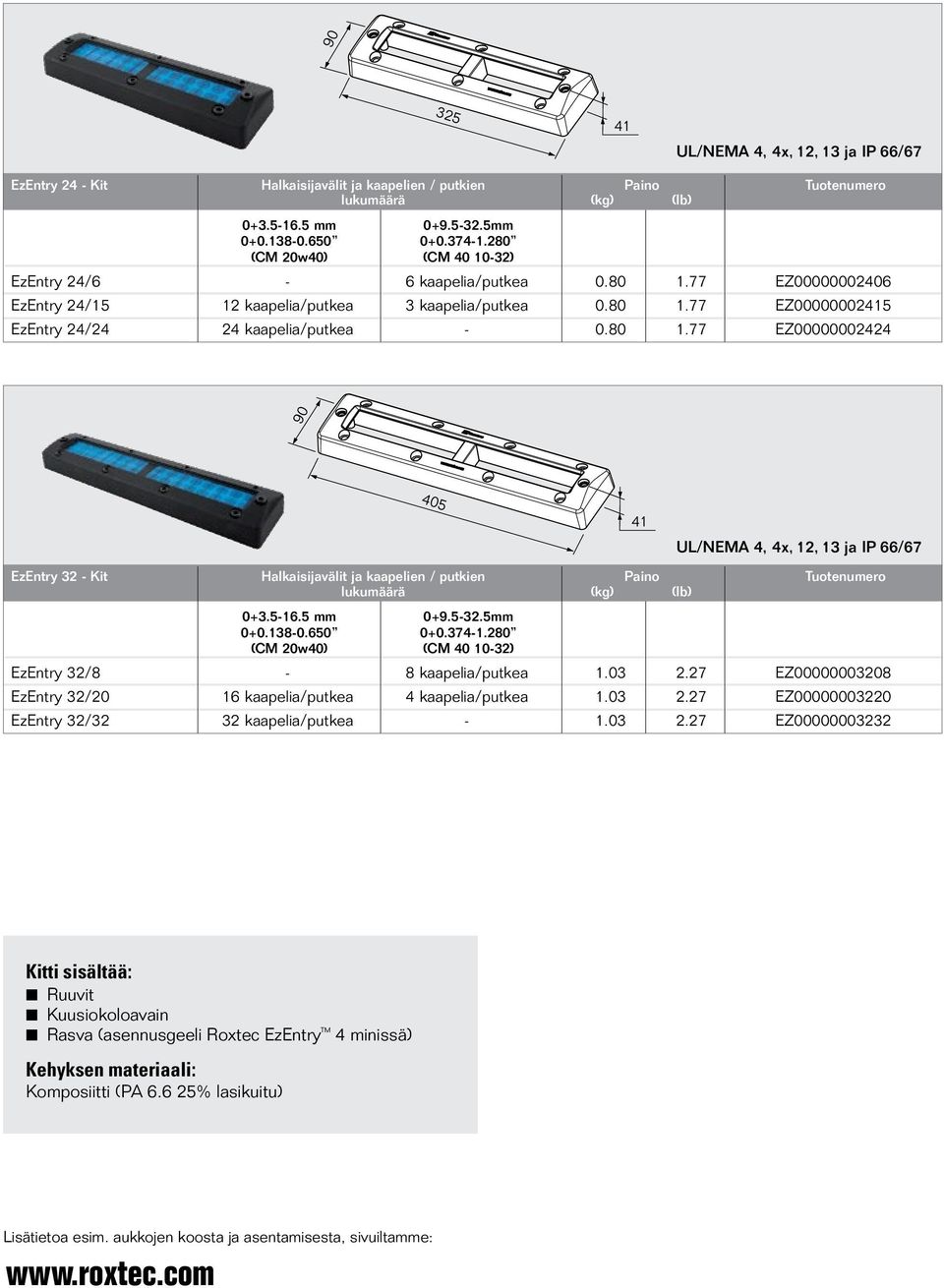 5-16.5 mm 0+9.5-32.5mm (CM 20w40) (CM 40 10-32) EzEntry 32/8-8 kaapelia/putkea 1.03 2.27 EZ00000003208 EzEntry 32/20 16 kaapelia/putkea 4 kaapelia/putkea 1.03 2.27 EZ00000003220 EzEntry 32/32 32 kaapelia/putkea - 1.