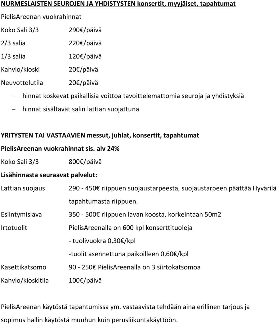 tapahtumat PielisAreenan vuokrahinnat sis.