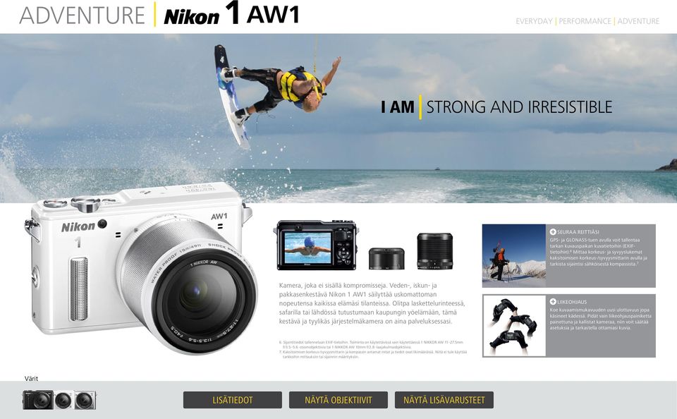 Veden-, iskun- ja pakkasenkestävä Nikon 1 AW1 säilyttää uskomattoman nopeutensa kaikissa elämäsi tilanteissa.