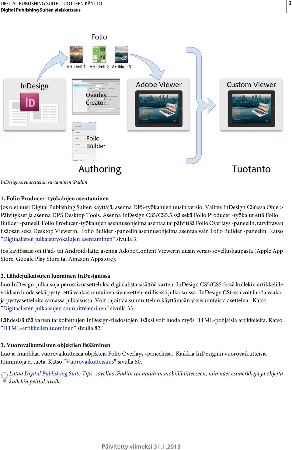 Valitse InDesign CS6:ssa Ohje > Päivitykset ja asenna DPS Desktop Tools. Asenna InDesign CS5/CS5.5:ssä sekä Folio Producer -työkalut että Folio Builder -paneeli.