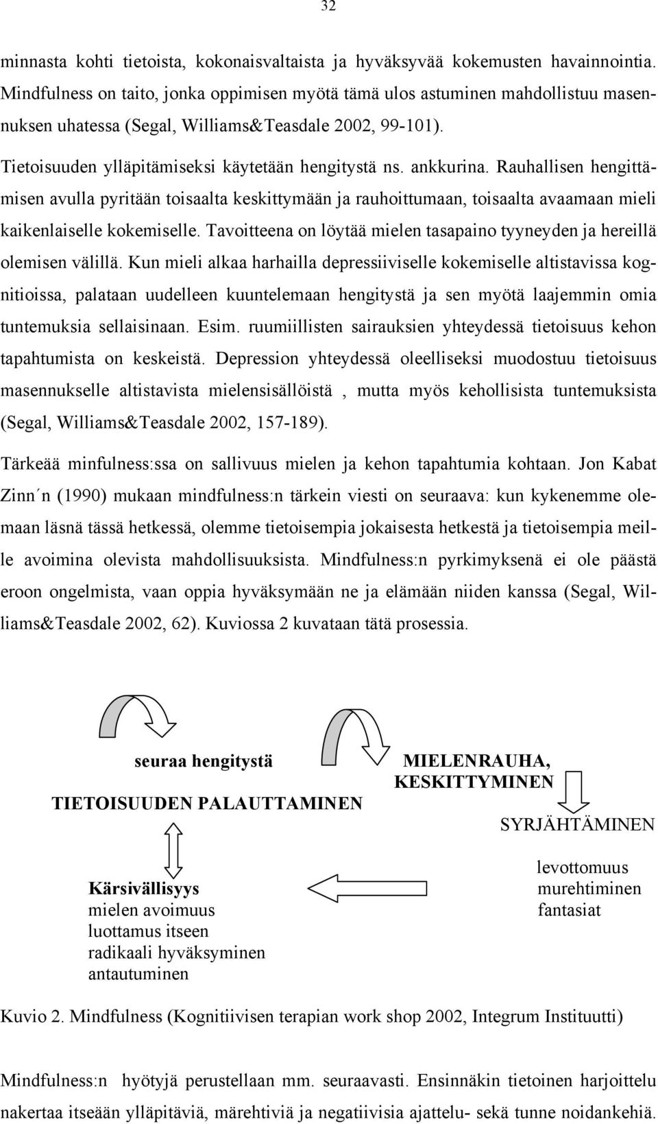 ankkurina. Rauhallisen hengittämisen avulla pyritään toisaalta keskittymään ja rauhoittumaan, toisaalta avaamaan mieli kaikenlaiselle kokemiselle.