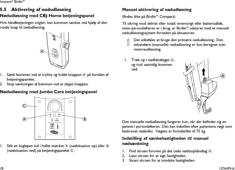 Nødudløsning med Jumbo Care betjeningspanel Manuel aktivering af nødudløsning (findes ikke på Birdie Compact) Til sikring mod delvist eller totalt strømsvigt eller batteriudløb, mens personløfteren