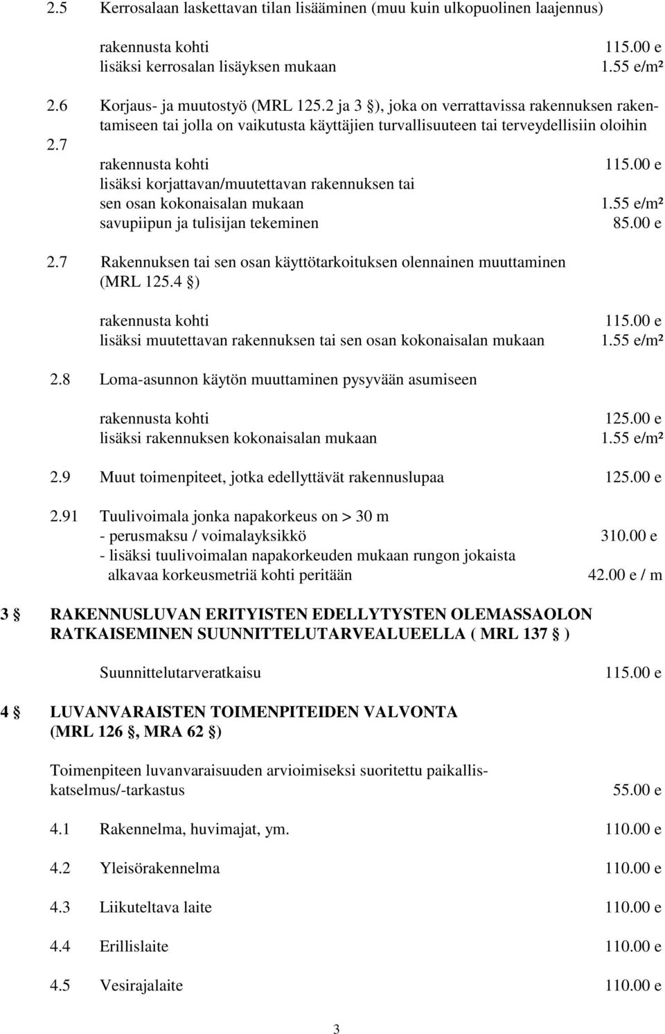 00 e lisäksi korjattavan/muutettavan rakennuksen tai sen osan kokonaisalan mukaan 1.55 e/m² savupiipun ja tulisijan tekeminen 85.00 e 2.