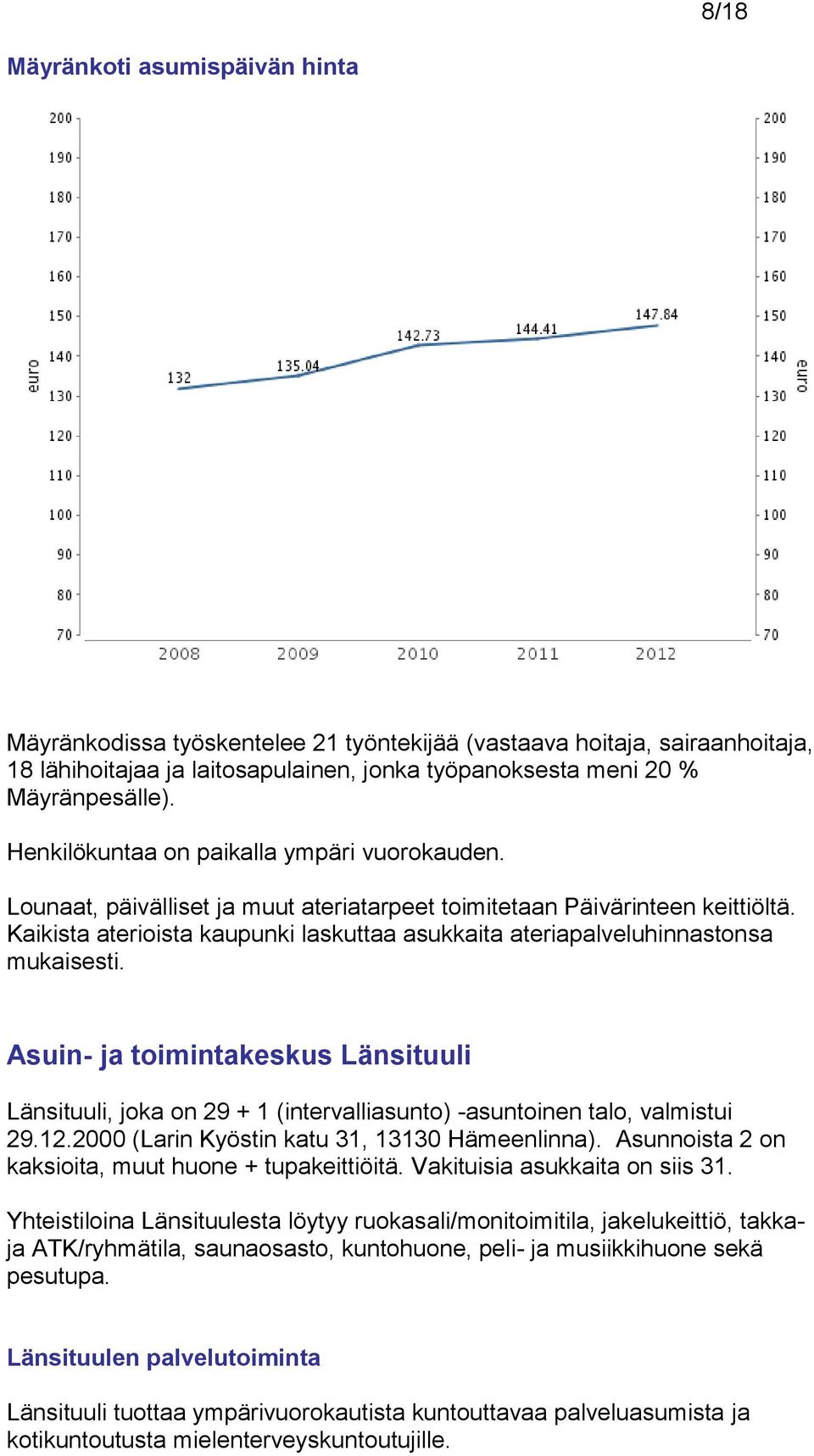 Kaikista aterioista kaupunki laskuttaa asukkaita ateriapalveluhinnastonsa mukaisesti. Asuin- ja toimintakeskus Länsituuli Länsituuli, joka on 29 + 1 (intervalliasunto) -asuntoinen talo, valmistui 29.