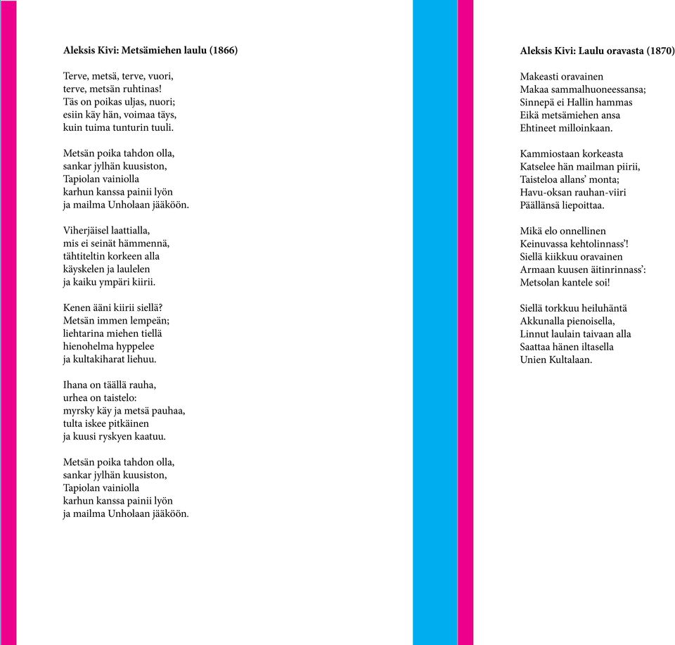 Viherjäisel laattialla, mis ei seinät hämmennä, tähtiteltin korkeen alla käyskelen ja laulelen ja kaiku ympäri kiirii. Kenen ääni kiirii siellä?