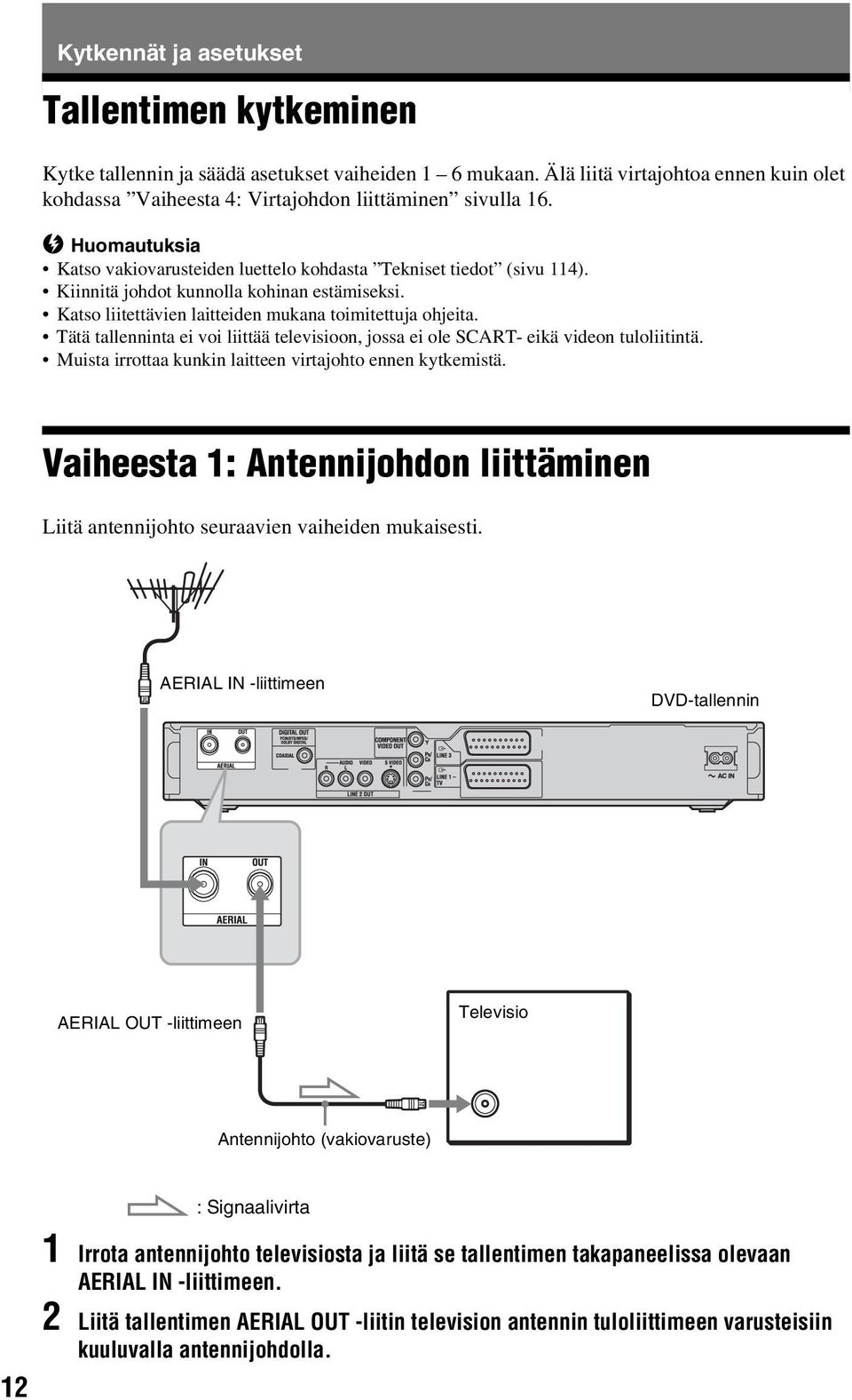 Tätä tallenninta ei voi liittää televisioon, jossa ei ole SCART- eikä videon tuloliitintä. Muista irrottaa kunkin laitteen virtajohto ennen kytkemistä.