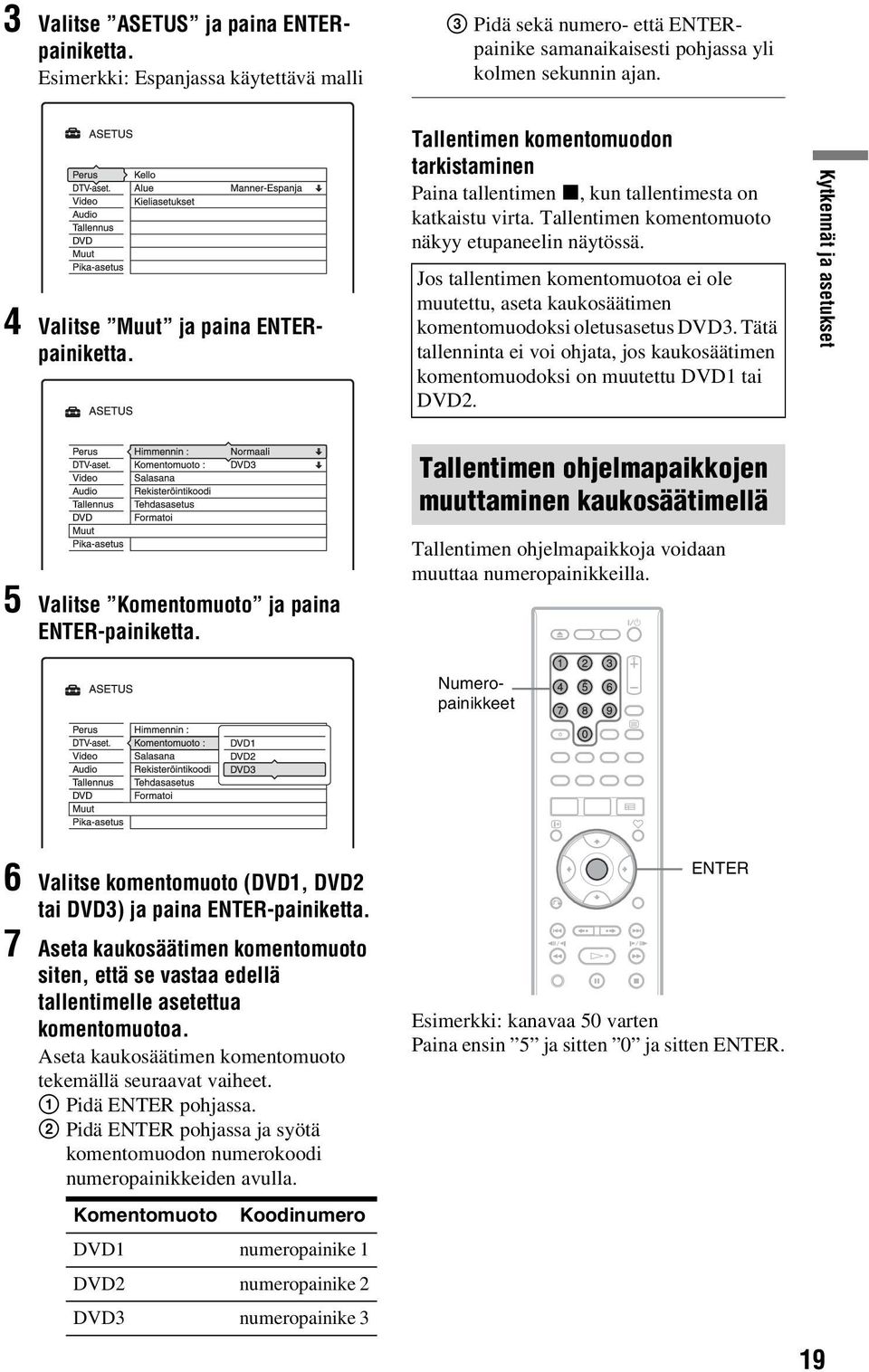 Jos tallentimen komentomuotoa ei ole muutettu, aseta kaukosäätimen komentomuodoksi oletusasetus DVD3. Tätä tallenninta ei voi ohjata, jos kaukosäätimen komentomuodoksi on muutettu DVD1 tai DVD2.