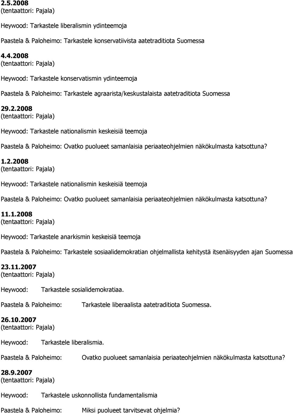 1.2.2008 Tarkastele nationalismin keskeisiä teemoja Ovatko puolueet samanlaisia periaateohjelmien näkökulmasta katsottuna? 11.1.2008 Tarkastele anarkismin keskeisiä teemoja Tarkastele sosiaalidemokratian ohjelmallista kehitystä itsenäisyyden ajan Suomessa 23.