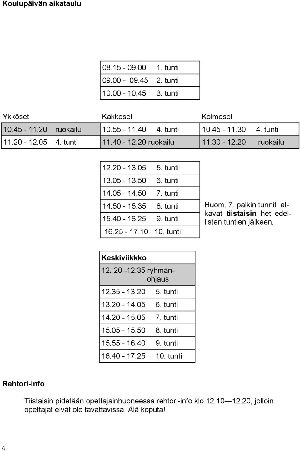 7. palkin tunnit alkavat tiistaisin heti edellisten tuntien jälkeen. Keskiviikkko 12. 20-12.35 ryhmänohjaus 12.35-13.20 5. tunti 13.20-14.05 6. tunti 14.20-15.05 7. tunti 15.05-15.50 8.