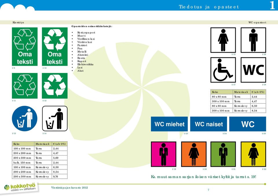 Kerroslevy 8,54 WC miehet WC naiset WC 1/13 1/14 1/23 1/24 1/25 100 x 100 mm Tarra 2,44 200 x 200 mm Tarra 4,47 200 x 300 mm Tarra 5,69 halk.