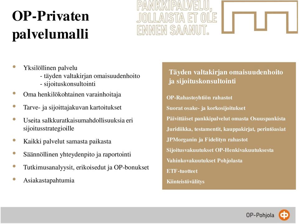 Asiakastapahtumia Täyden valtakirjan omaisuudenhoito ja sijoituskonsultointi OP-Rahastoyhtiön rahastot Suorat osake- ja korkosijoitukset Päivittäiset pankkipalvelut omasta