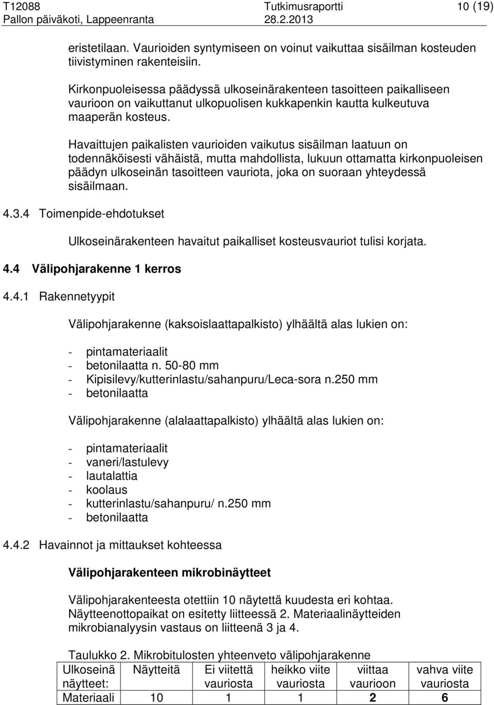 Havaittujen paikalisten vaurioiden vaikutus sisäilman laatuun on todennäköisesti vähäistä, mutta mahdollista, lukuun ottamatta kirkonpuoleisen päädyn ulkoseinän tasoitteen vauriota, joka on suoraan