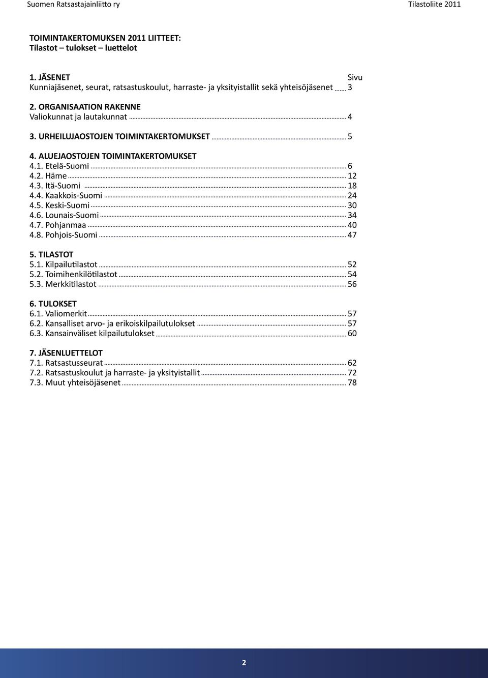 5. Keski-Suomi 30 4.6. Lounais-Suomi 34 4.7. Pohjanmaa 40 4.8. Pohjois-Suomi 47 5. TILASTOT 5.1. Kilpailutilastot 52 5.2. Toimihenkilötilastot 54 5.3. Merkkitilastot 56 6. TULOKSET 6.1. Valiomerkit 57 6.