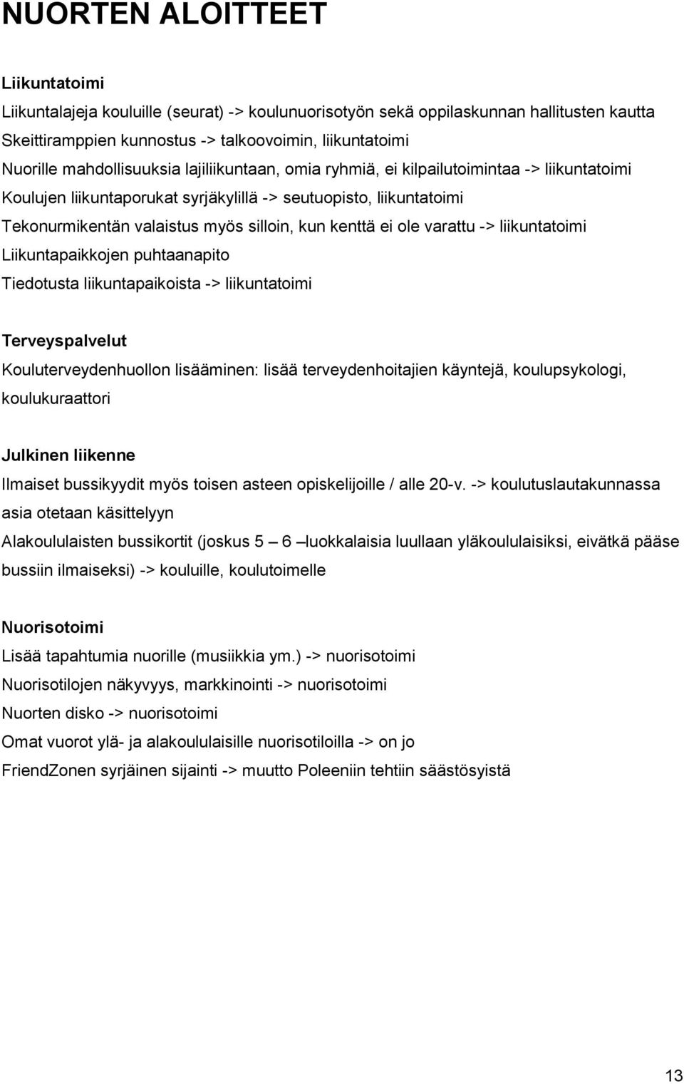 kenttä ei ole varattu -> liikuntatoimi Liikuntapaikkojen puhtaanapito Tiedotusta liikuntapaikoista -> liikuntatoimi Terveyspalvelut Kouluterveydenhuollon lisääminen: lisää terveydenhoitajien