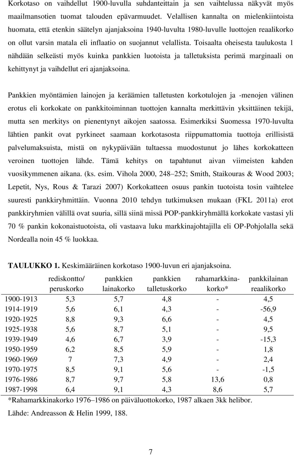 Toisaalta oheisesta taulukosta 1 nähdään selkeästi myös kuinka pankkien luotoista ja talletuksista perimä marginaali on kehittynyt ja vaihdellut eri ajanjaksoina.