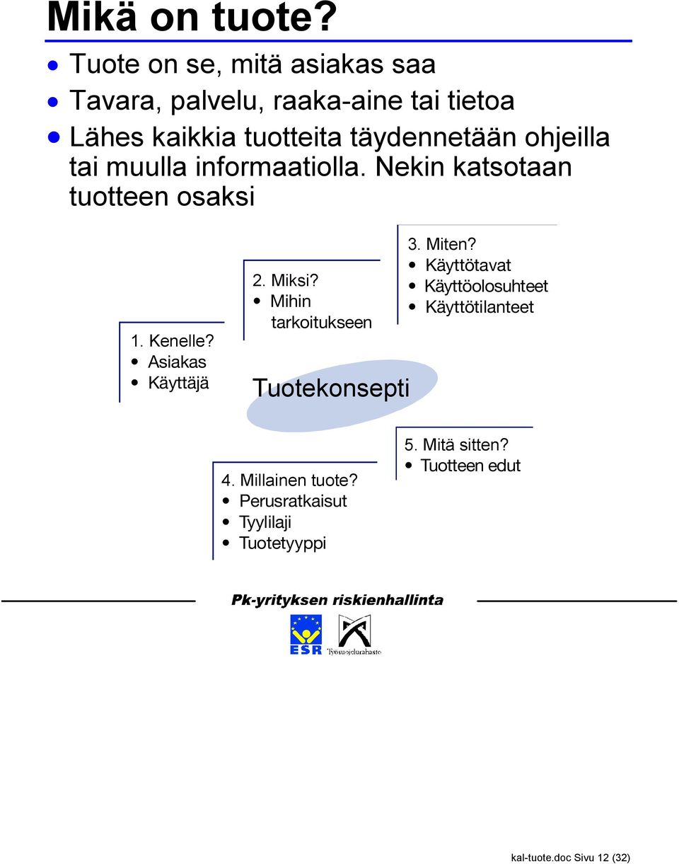 ohjeilla tai muulla informaatiolla. Nekin katsotaan tuotteen osaksi 1. Kenelle? Asiakas Käyttäjä 2. Miksi?