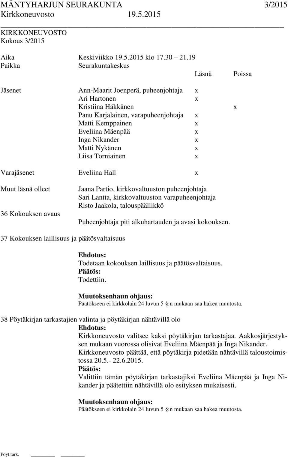 Nikander x Matti Nykänen x Liisa Torniainen x Poissa x Varajäsenet Eveliina Hall x Muut läsnä olleet 36 Kokouksen avaus Jaana Partio, kirkkovaltuuston puheenjohtaja Sari Lantta, kirkkovaltuuston