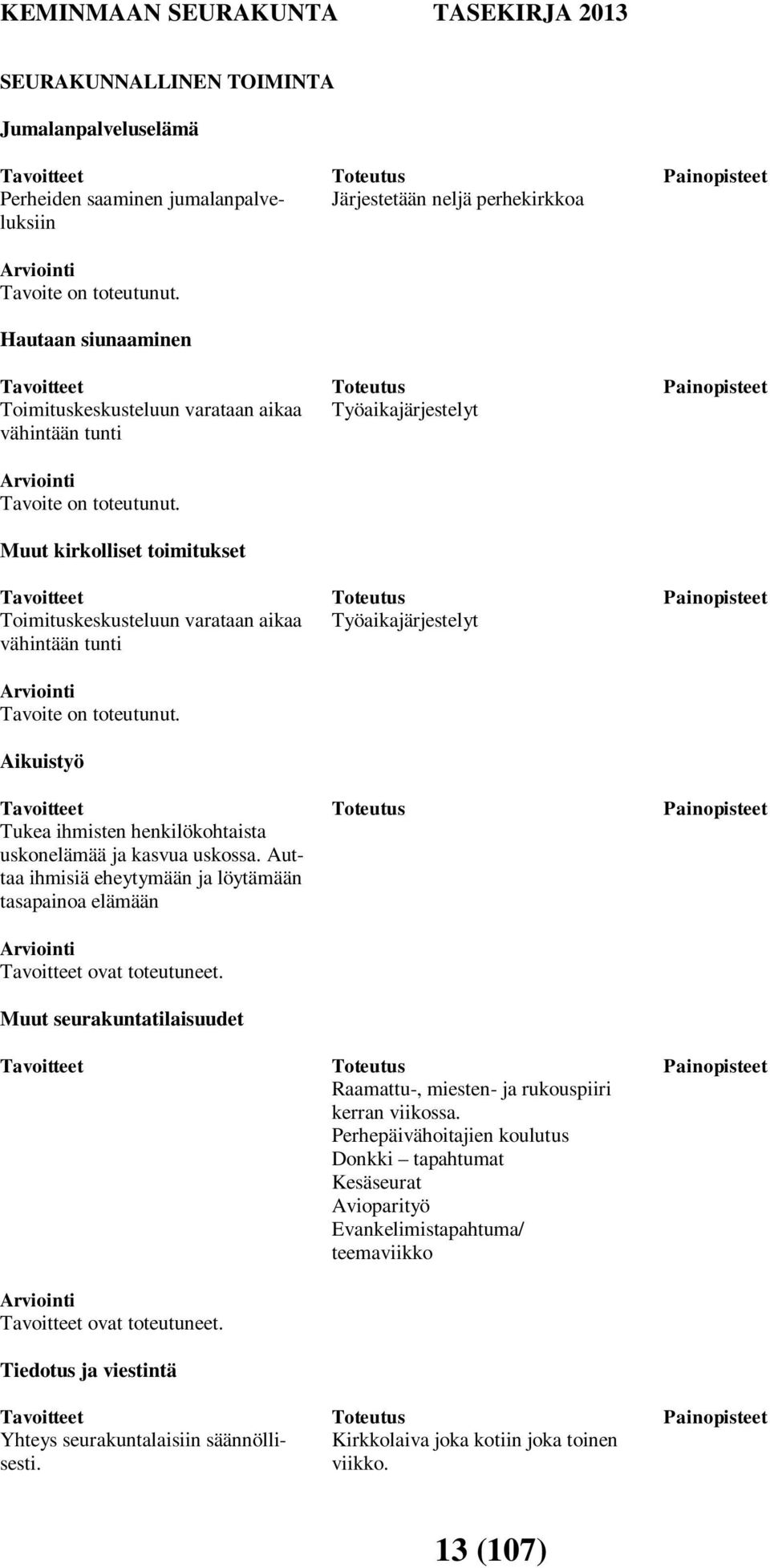 Muut kirkolliset toimitukset Tavoitteet Toimituskeskusteluun varataan aikaa vähintään tunti Arviointi Tavoite on toteutunut.