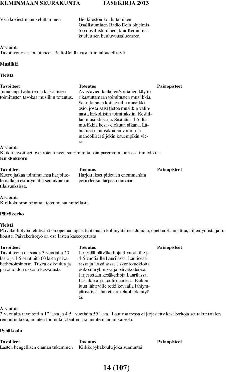 Avustavien laulajien/soittajien käyttö rikastuttamaan toimitusten musiikkia. Seurakunnan kotisivuille musiikki osio, josta saisi tietoa musiikin valinnasta kirkollisiin toimituksiin.