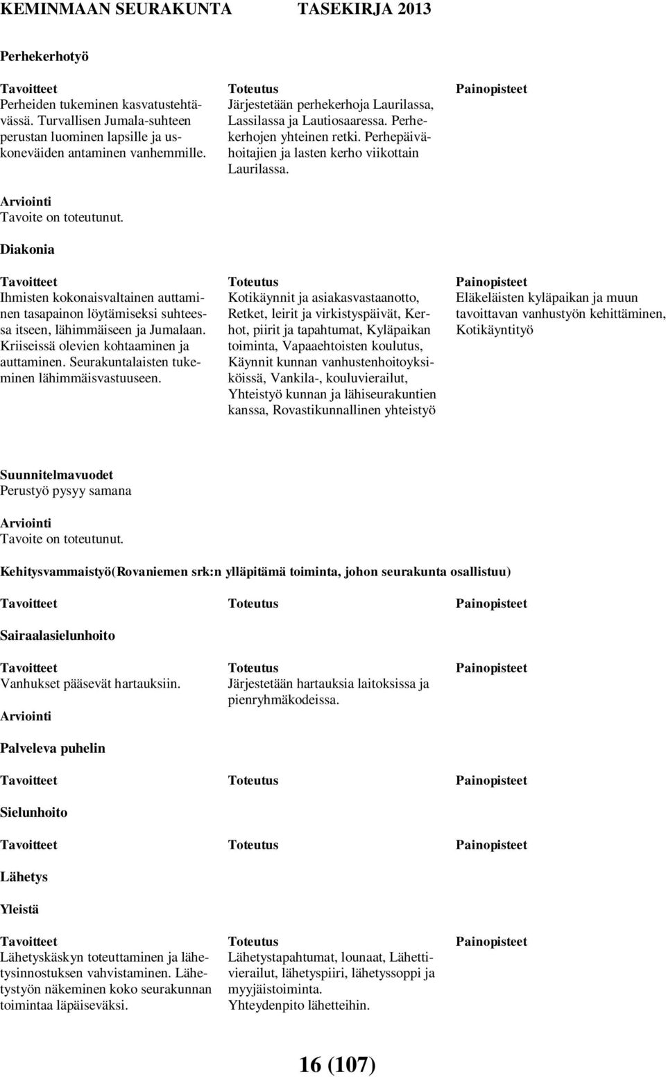 Seurakuntalaisten tukeminen lähimmäisvastuuseen. Toteutus Järjestetään perhekerhoja Laurilassa, Lassilassa ja Lautiosaaressa. Perhekerhojen yhteinen retki.