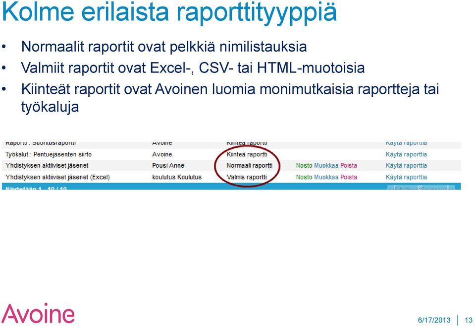 Excel-, CSV- tai HTML-muotoisia Kiinteät raportit