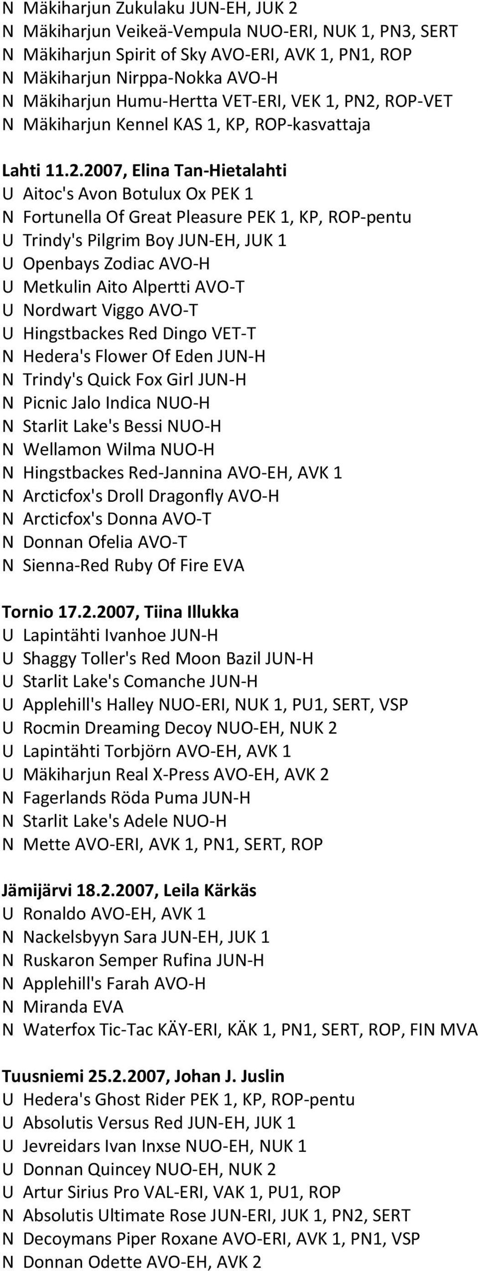 ROP-VET N Mäkiharjun Kennel KAS 1, KP, ROP-kasvattaja Lahti 11.2.