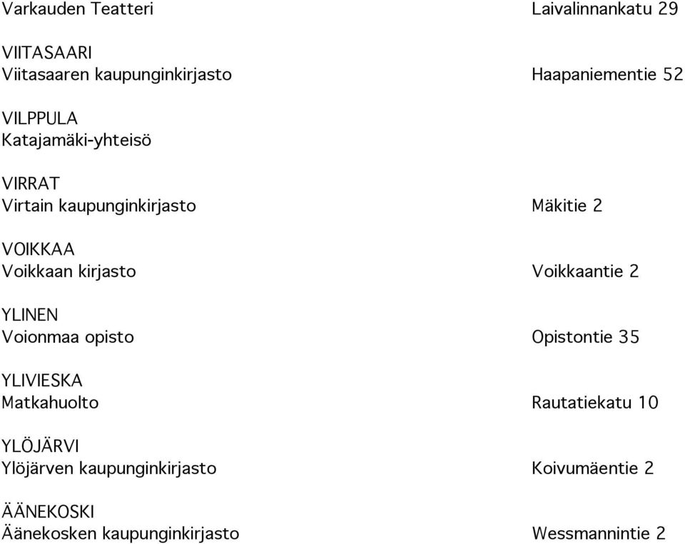 Voikkaantie 2 YLINEN Voionmaa opisto Opistontie 35 YLIVIESKA Matkahuolto Rautatiekatu 10 YLÖJÄRVI