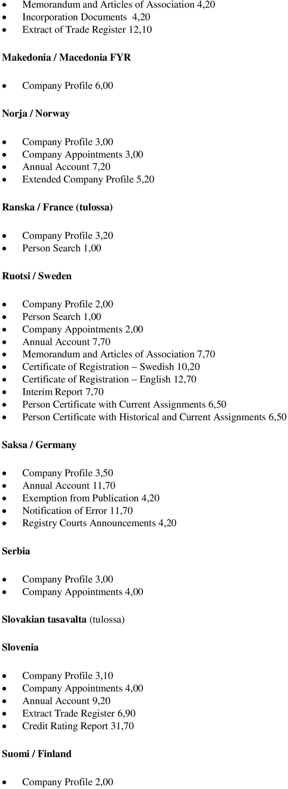 Appointments 2,00 Annual Account 7,70 Memorandum and Articles of Association 7,70 Certificate of Registration Swedish 10,20 Certificate of Registration English 12,70 Interim Report 7,70 Person